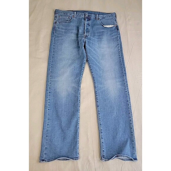 Levis 501 Jeans Mens 38x31 Button Fly Straight Stretch Medium Blue High Rise EUC - Picture 1 of 13